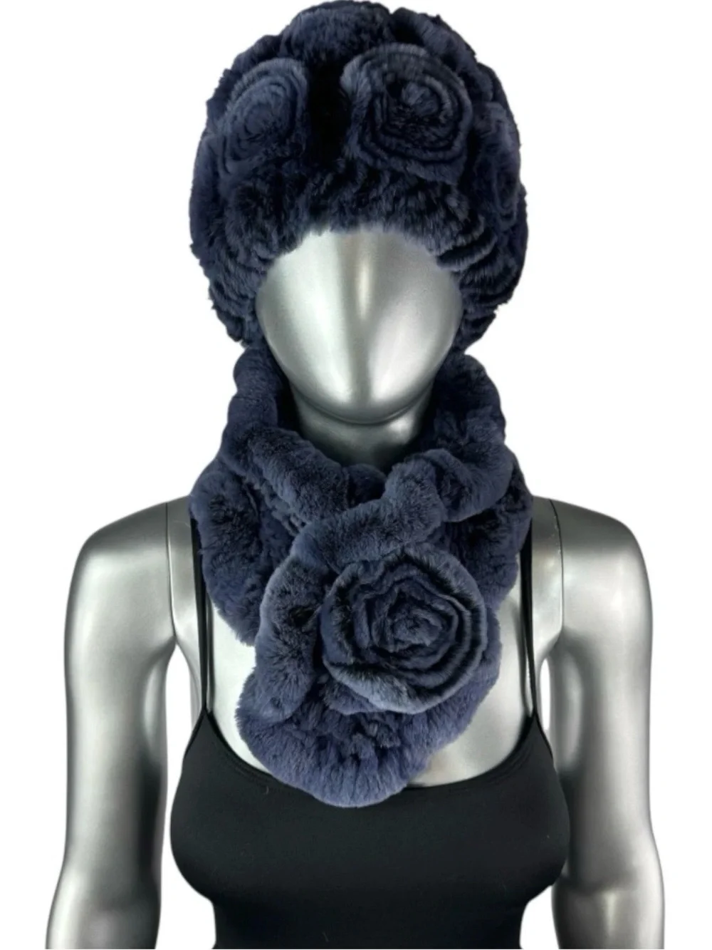 Blue REX RABBIT Hat & Scarf w/Rosettes,Sz 21”-23” Stretch, Certified Vintage Fur